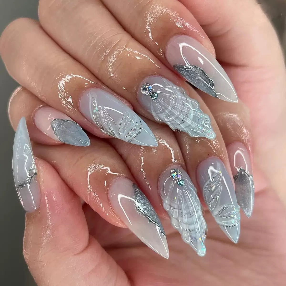 Cool-Toned 3D Teardrop Shell with Rhinestones Almond Press-On Nails