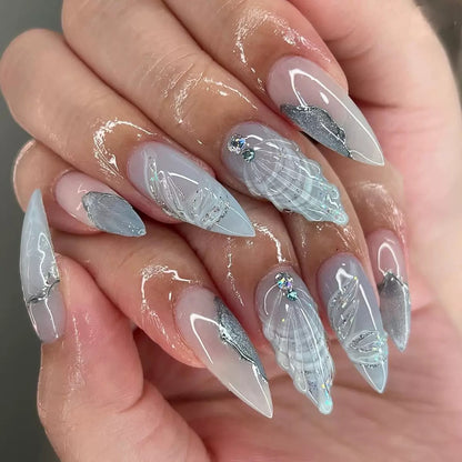 Cool-Toned 3D Teardrop Shell with Rhinestones Almond Press-On Nails