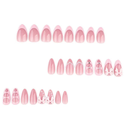 Valentine’s Day Sweet Pink French Bow Pearl Rhinestone Short Almond Press-On Nails