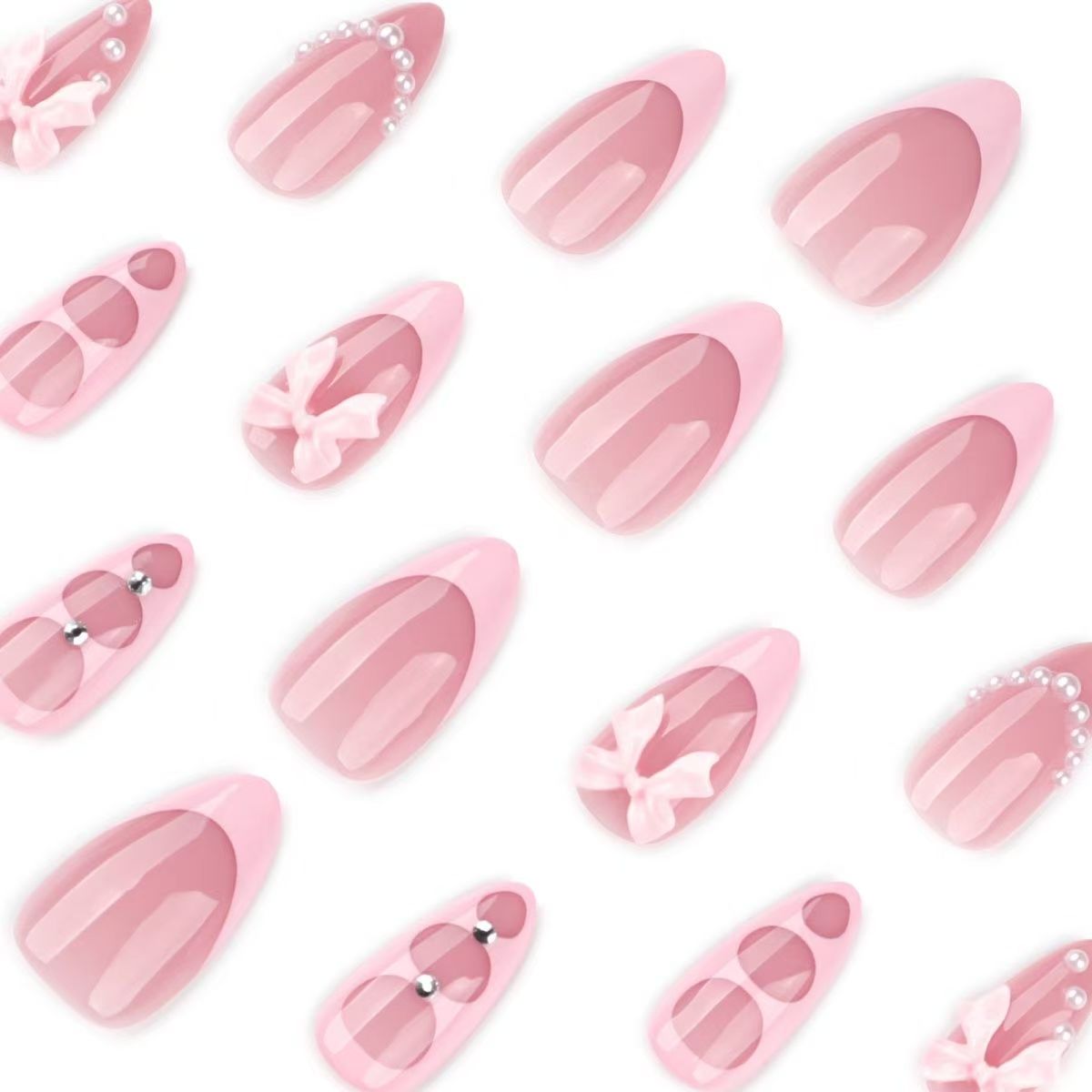 Valentine’s Day Sweet Pink French Bow Pearl Rhinestone Short Almond Press-On Nails
