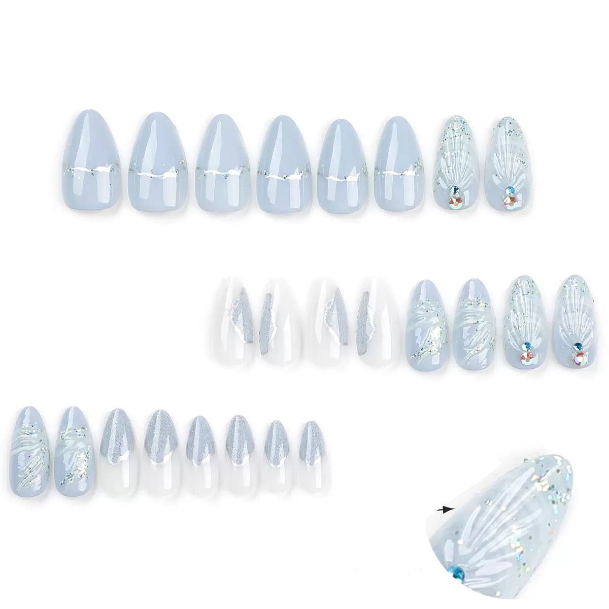 Cool-Toned 3D Teardrop Shell with Rhinestones Almond Press-On Nails