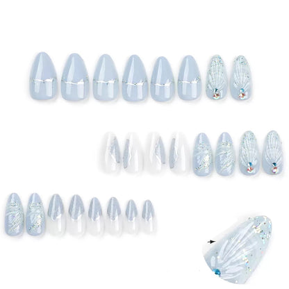 Cool-Toned 3D Teardrop Shell with Rhinestones Almond Press-On Nails