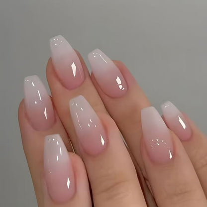 Ice-Clear Gradient Nude White Plaid Fake Nails