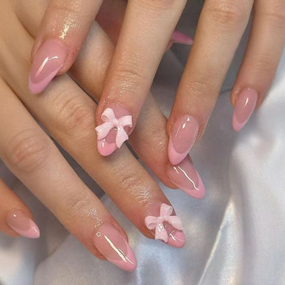 Valentine’s Day 3D Pink Bow French Pointed Almond Press-On Nails