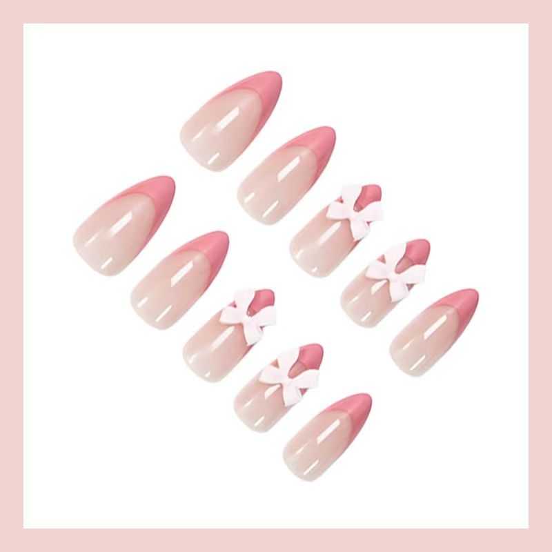 Valentine’s Day 3D Pink Bow French Pointed Almond Press-On Nails