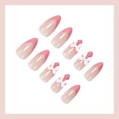 Valentine’s Day 3D Pink Bow French Pointed Almond Press-On Nails