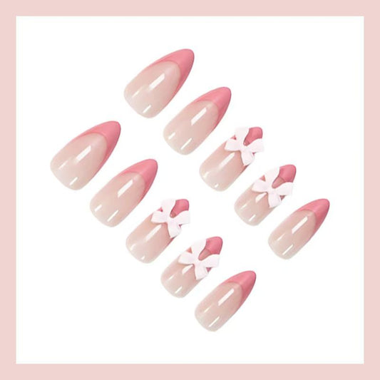 Valentine’s Day 3D Pink Bow French Pointed Almond Press-On Nails