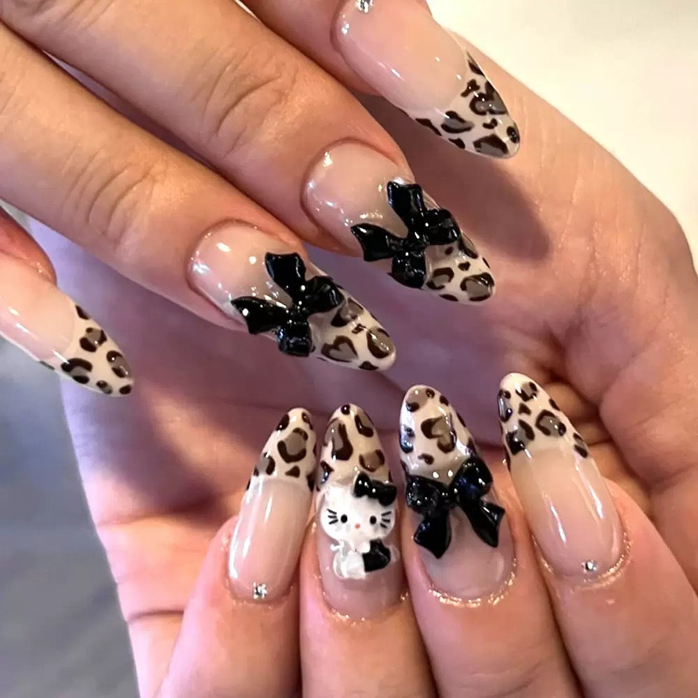 Cute Cartoon Cat French 3D Bow Rhinestone Leopard Print Detachable Press-On Nails