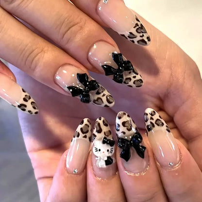 Cute Cartoon Cat French 3D Bow Rhinestone Leopard Print Detachable Press-On Nails