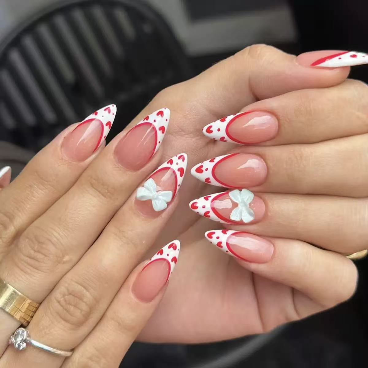 Valentine’s Day White Heart French Tip with 3D Bow Decoration Press-On Nails