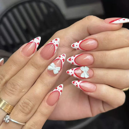 Valentine’s Day White Heart French Tip with 3D Bow Decoration Press-On Nails