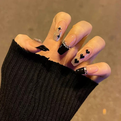 Black French Heart Rhinestone Ballet Press-On Nails (Ready-Made)