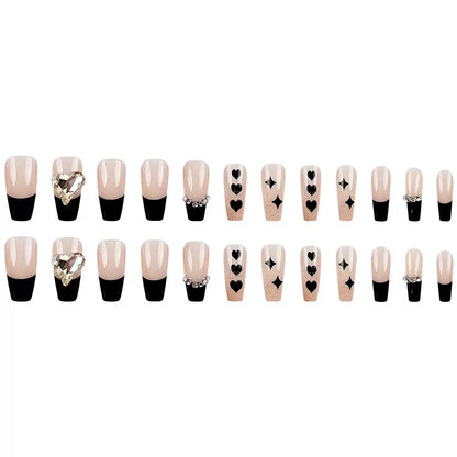 Black French Heart Rhinestone Ballet Press-On Nails (Ready-Made)