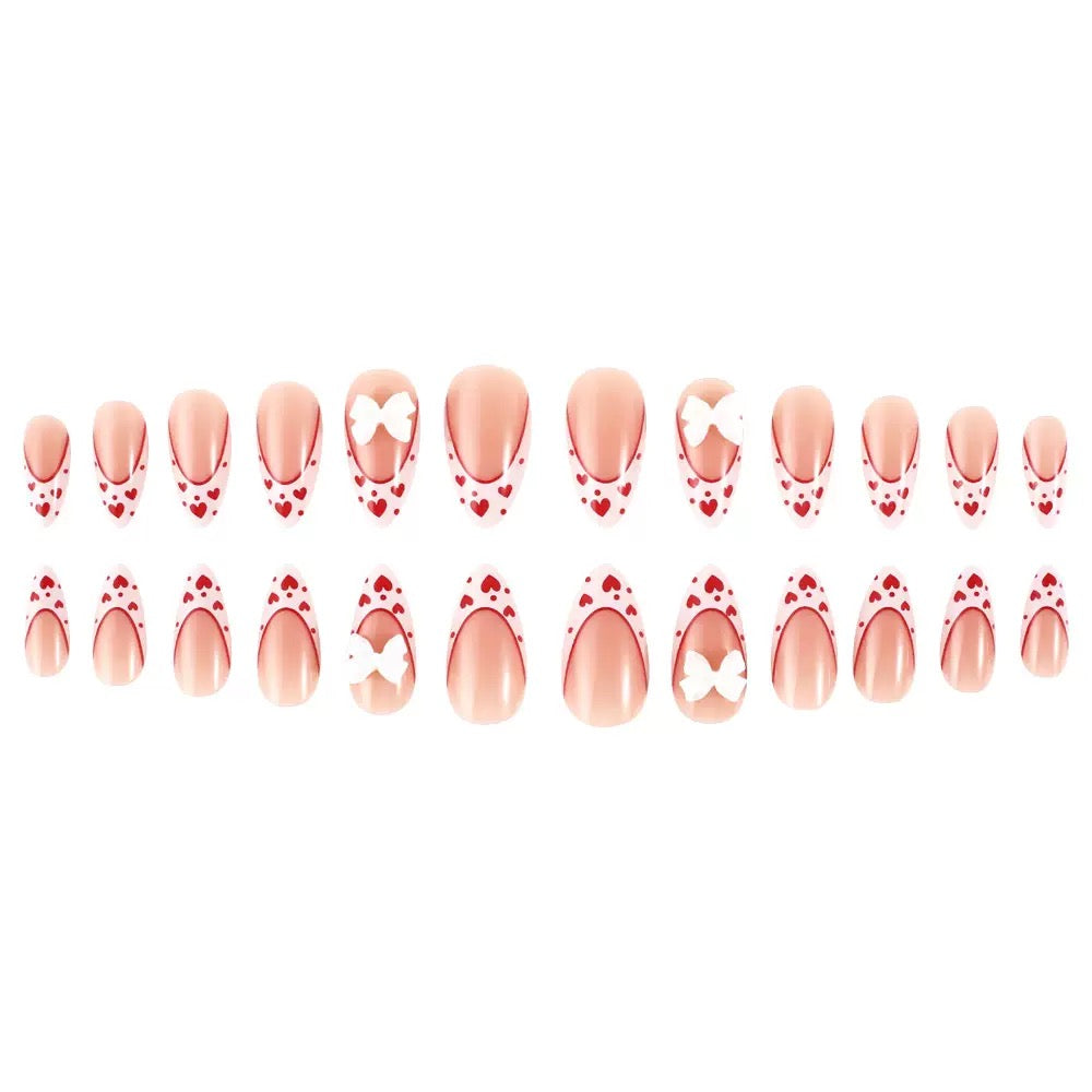 Valentine’s Day White Heart French Tip with 3D Bow Decoration Press-On Nails