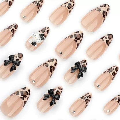 Cute Cartoon Cat French 3D Bow Rhinestone Leopard Print Detachable Press-On Nails
