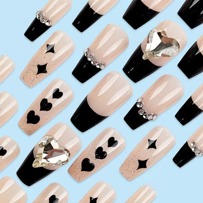 Black French Heart Rhinestone Ballet Press-On Nails (Ready-Made)