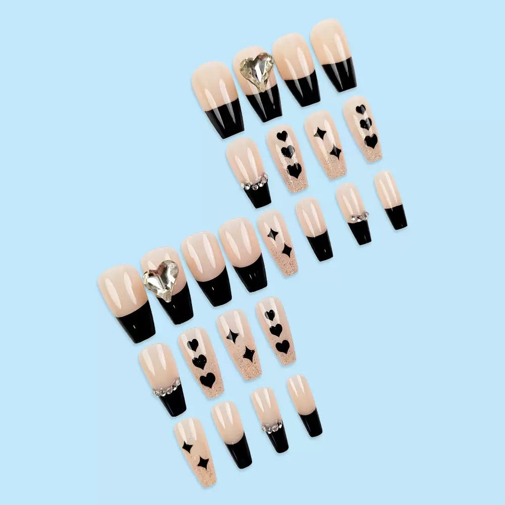 Black French Heart Rhinestone Ballet Press-On Nails (Ready-Made)