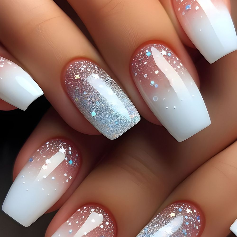 White-to-Blue Glitter Ombre Press-On Nails