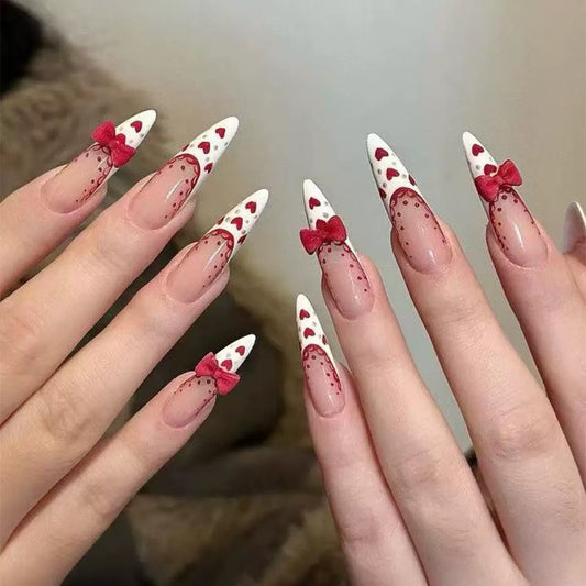 Valentine’s Day Red Bow Heart Nails with White Lace French Press-On Nails