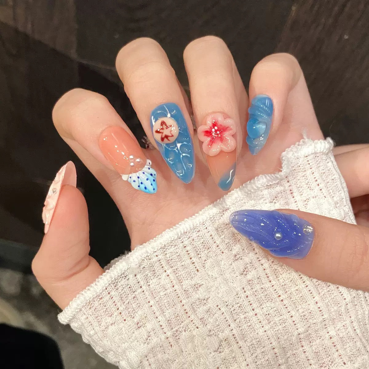 Dopamine Summer Island Ocean-Style 3D Carved Floral Hand-Painted Detachable Press-On Nails