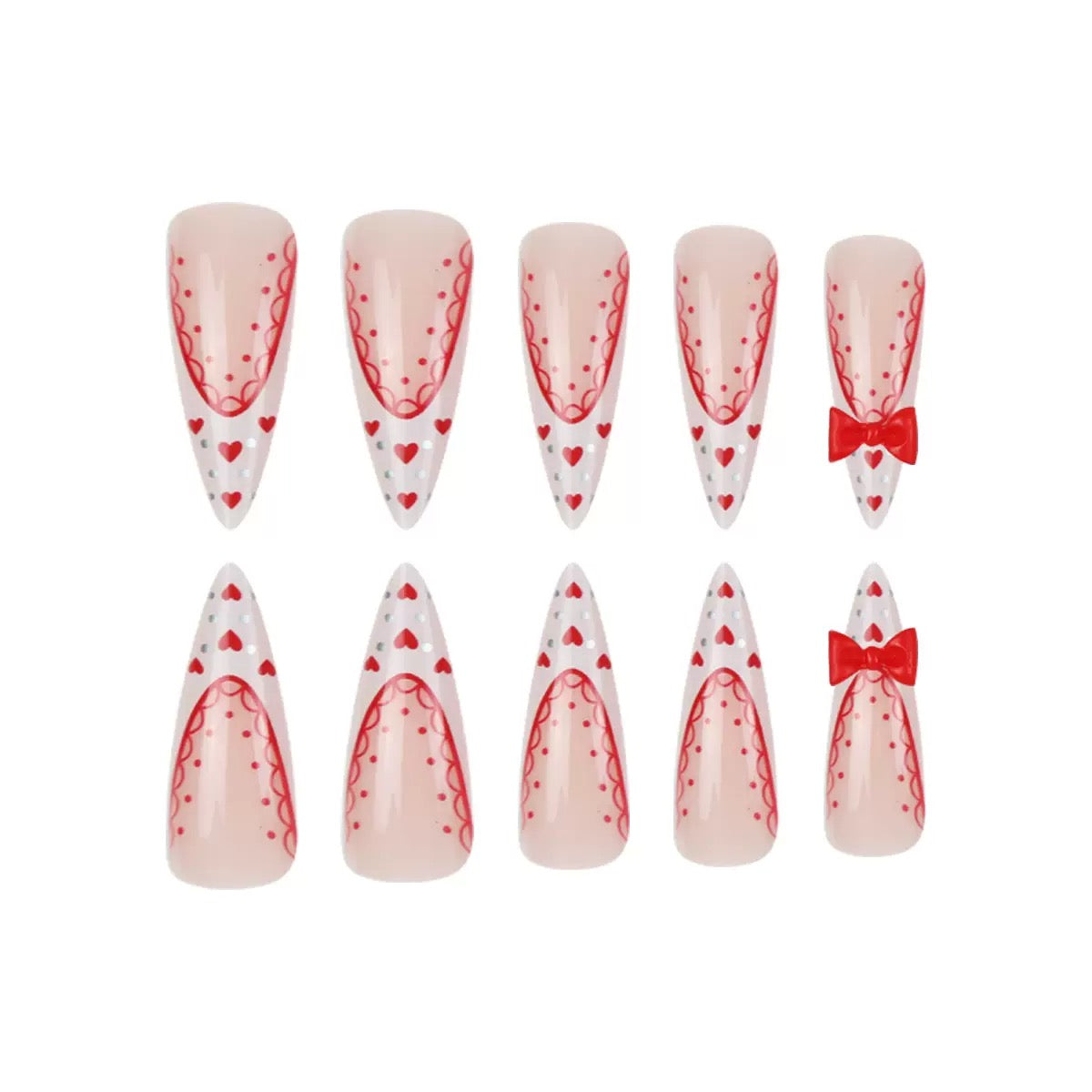 Valentine’s Day Red Bow Heart Nails with White Lace French Press-On Nails