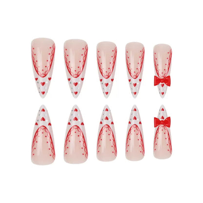 Valentine’s Day Red Bow Heart Nails with White Lace French Press-On Nails