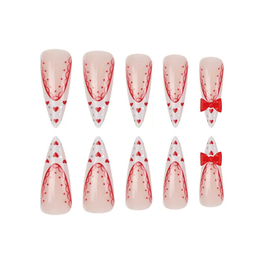 Valentine’s Day Red Bow Heart Nails with White Lace French Press-On Nails