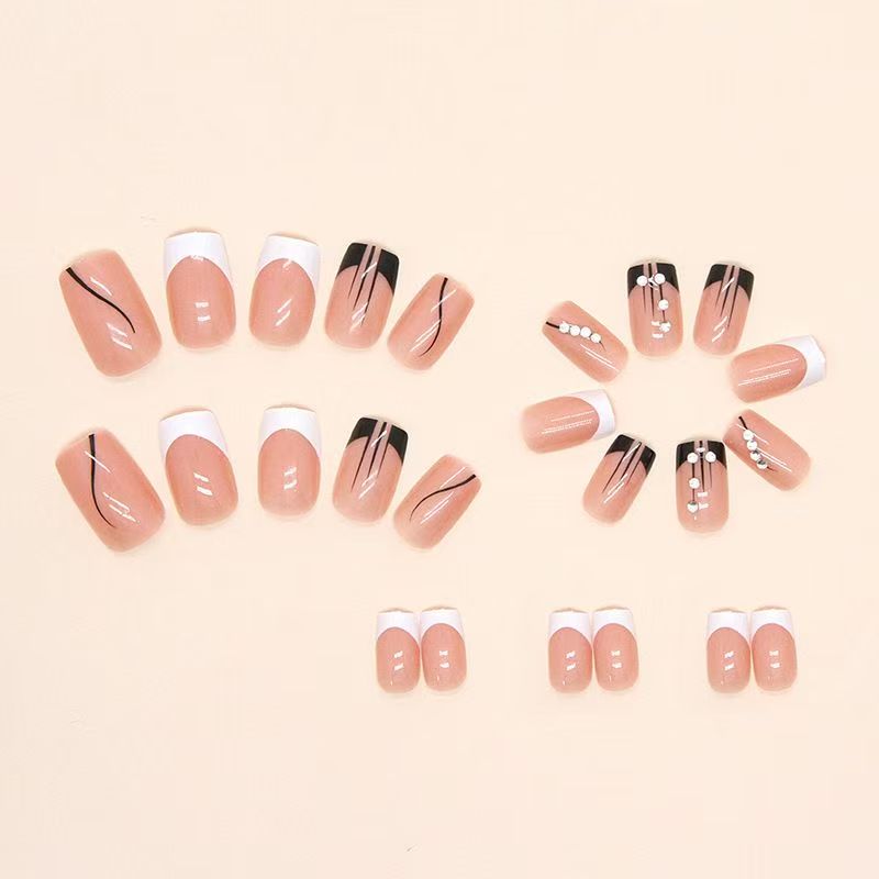 Minimalist French-Style Edgy Girl Rhinestone Medium-Length Press-On Nails
