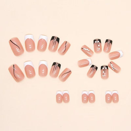 Minimalist French-Style Edgy Girl Rhinestone Medium-Length Press-On Nails