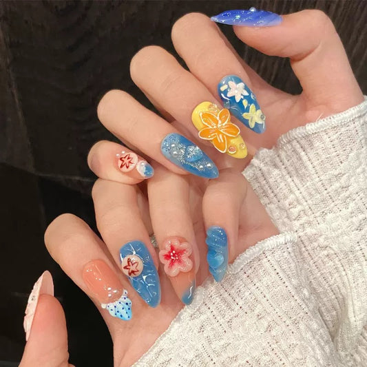 Dopamine Summer Island Ocean-Style 3D Carved Floral Hand-Painted Detachable Press-On Nails