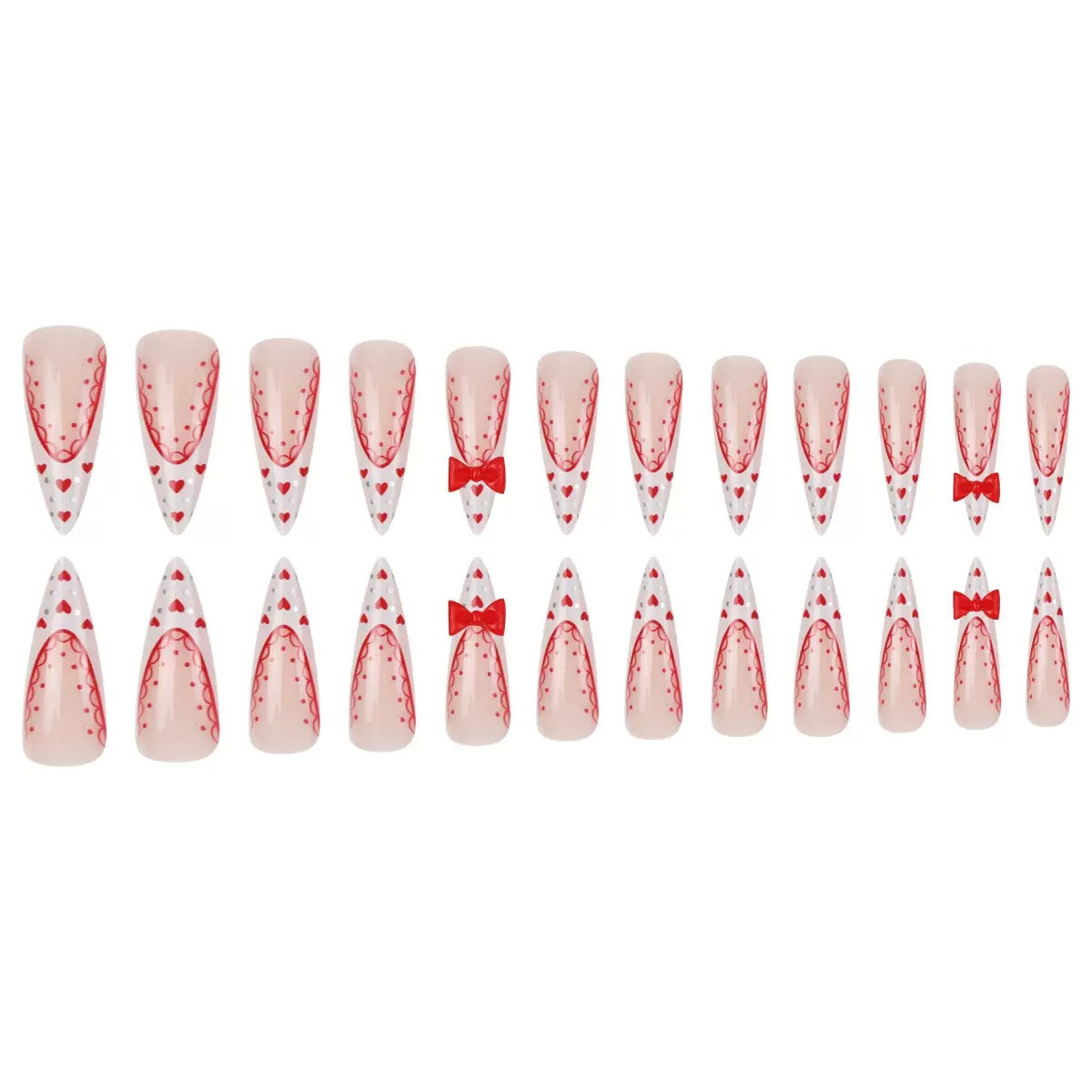 Valentine’s Day Red Bow Heart Nails with White Lace French Press-On Nails