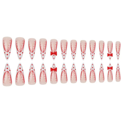 Valentine’s Day Red Bow Heart Nails with White Lace French Press-On Nails