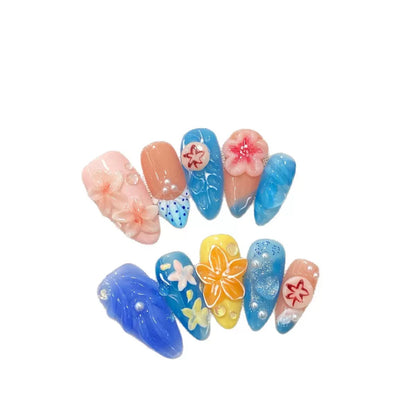 Dopamine Summer Island Ocean-Style 3D Carved Floral Hand-Painted Detachable Press-On Nails