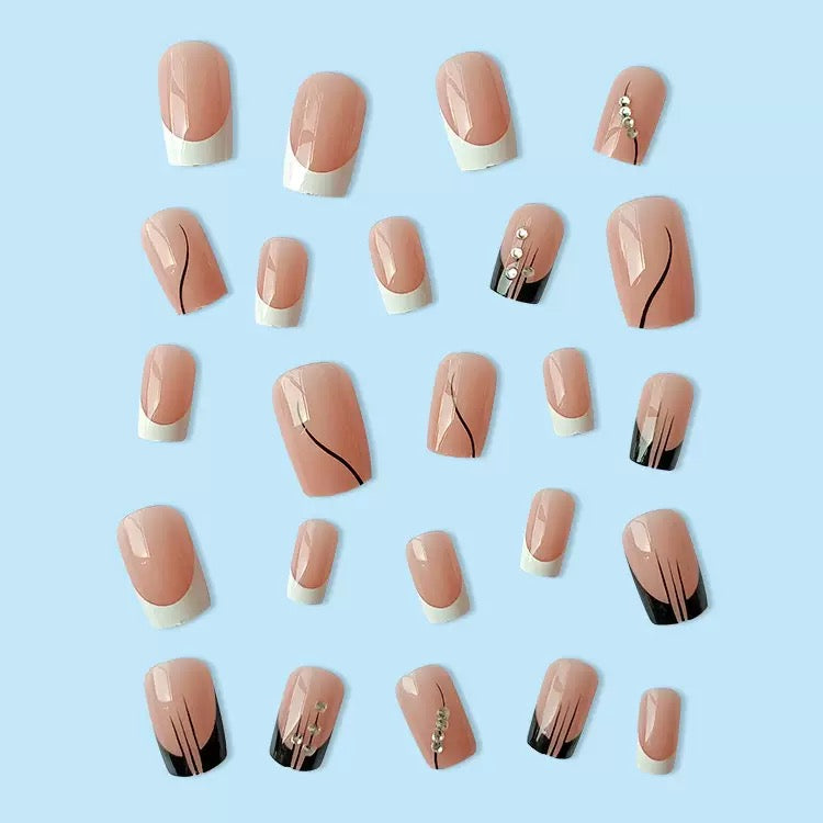 Minimalist French-Style Edgy Girl Rhinestone Medium-Length Press-On Nails
