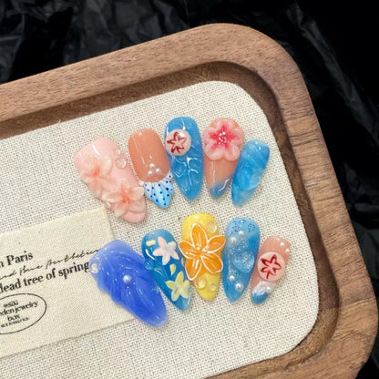 Dopamine Summer Island Ocean-Style 3D Carved Floral Hand-Painted Detachable Press-On Nails
