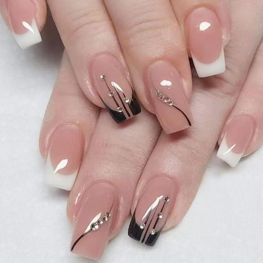 Minimalist French-Style Edgy Girl Rhinestone Medium-Length Press-On Nails
