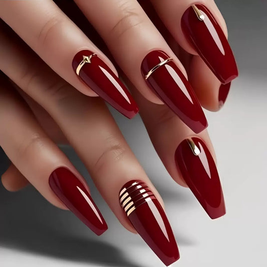 Autumn & Winter Wine Red Mid-Long Ballet False Nails, Press-On Nails