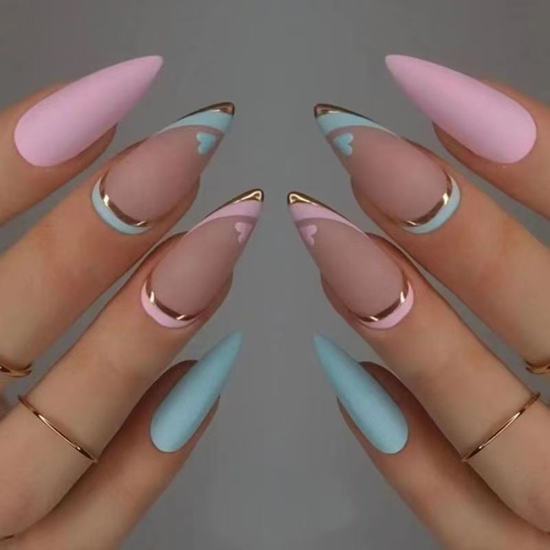 Pink & Blue Heart with Gold Trim Ready-Made Press-On Nails