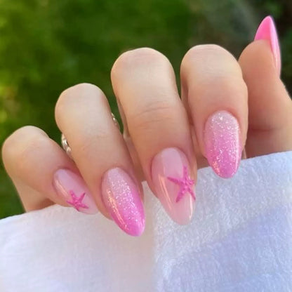French Sweet Rose Pink Star Simple Almond Press-On Nails