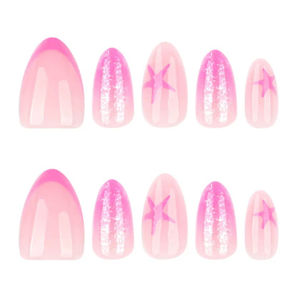 French Sweet Rose Pink Star Simple Almond Press-On Nails