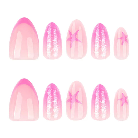 French Sweet Rose Pink Star Simple Almond Press-On Nails