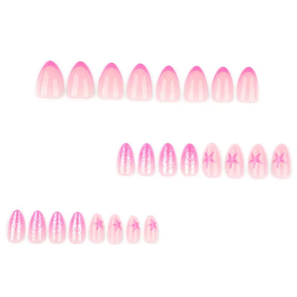 French Sweet Rose Pink Star Simple Almond Press-On Nails