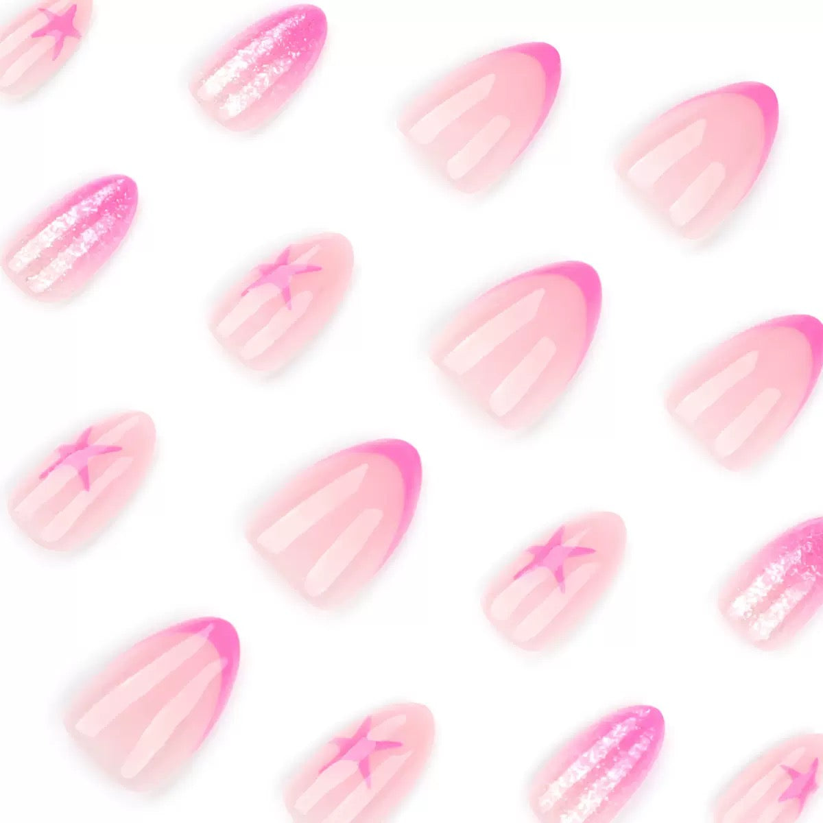 French Sweet Rose Pink Star Simple Almond Press-On Nails