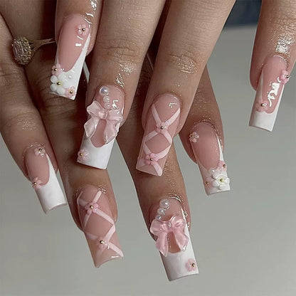 Cute Pink Flower Bow Detachable Press-On Nails