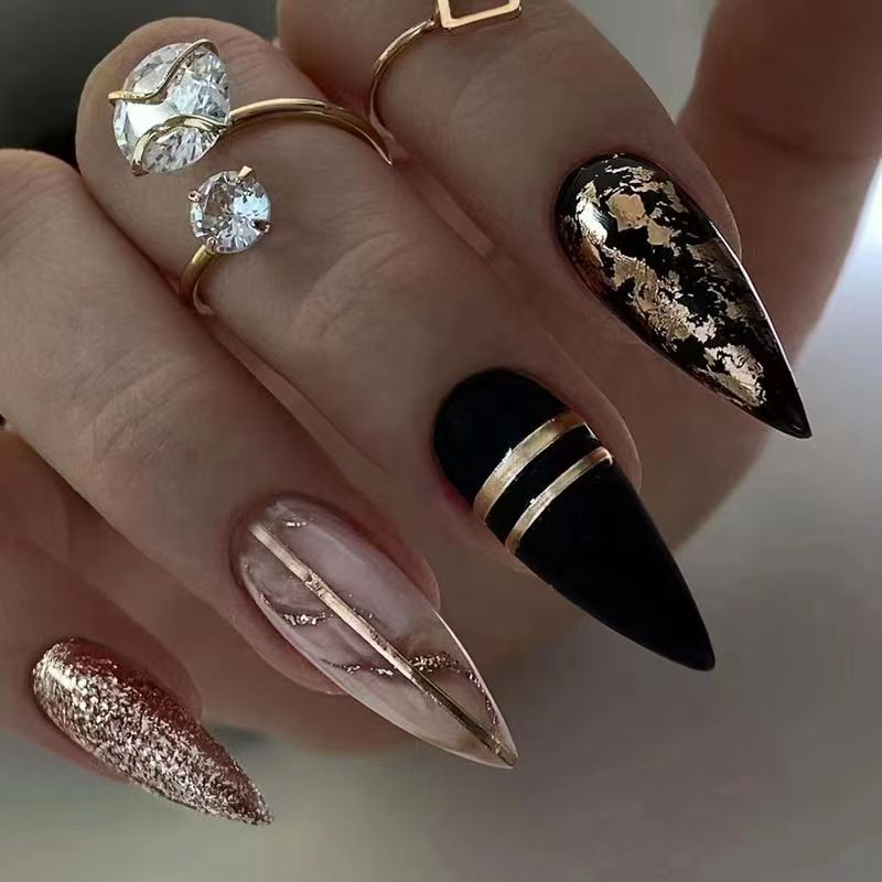Black Edgy Girl Amber Gold Foil Glitter Almond Press-On Nails