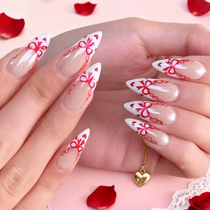 Valentine’s Day Red Heart Bow French White Tip Glossy Short Almond Press-On Nails
