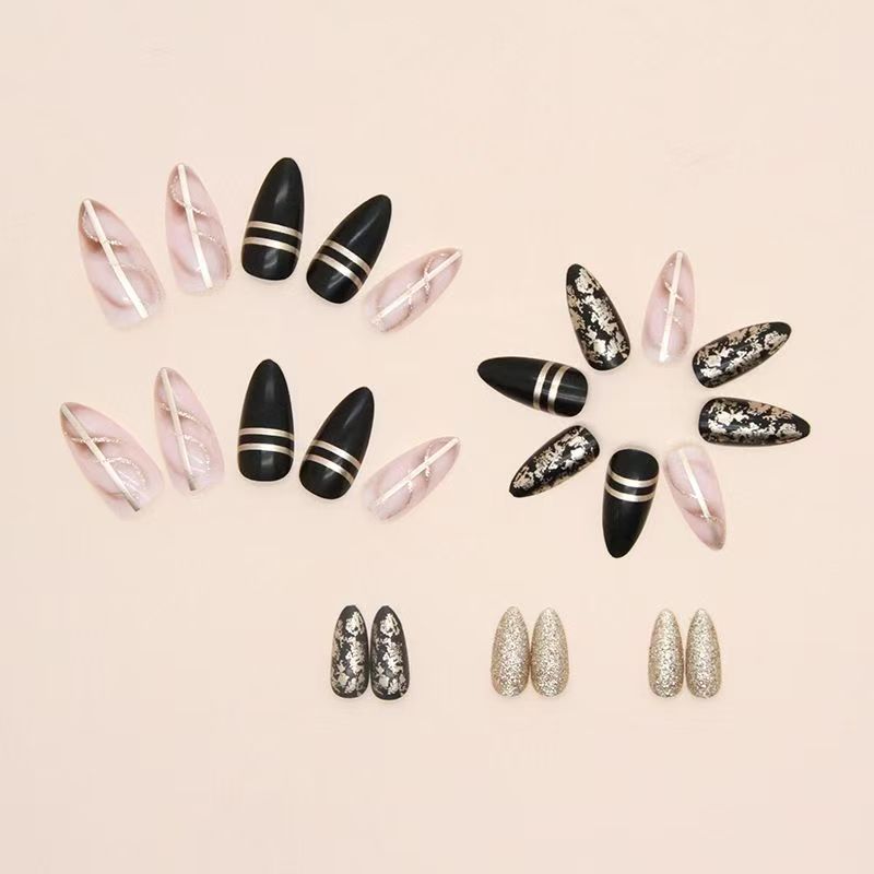 Black Edgy Girl Amber Gold Foil Glitter Almond Press-On Nails