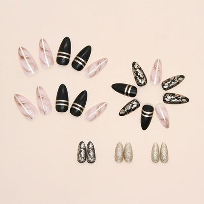 Black Edgy Girl Amber Gold Foil Glitter Almond Press-On Nails