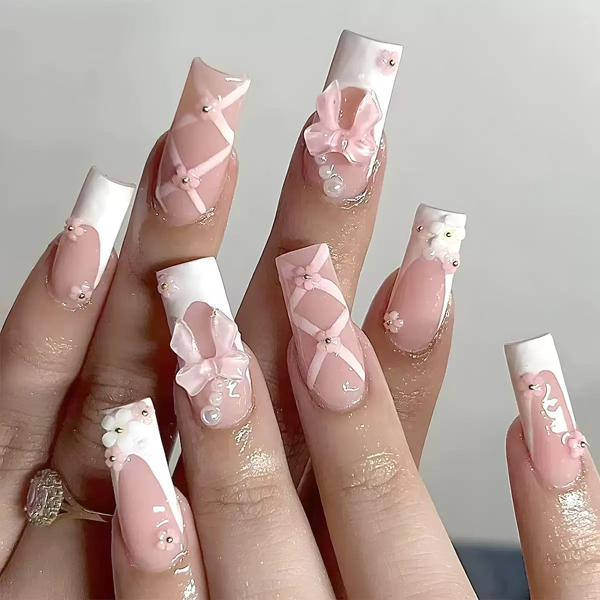 Cute Pink Flower Bow Detachable Press-On Nails