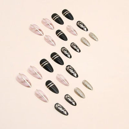 Black Edgy Girl Amber Gold Foil Glitter Almond Press-On Nails